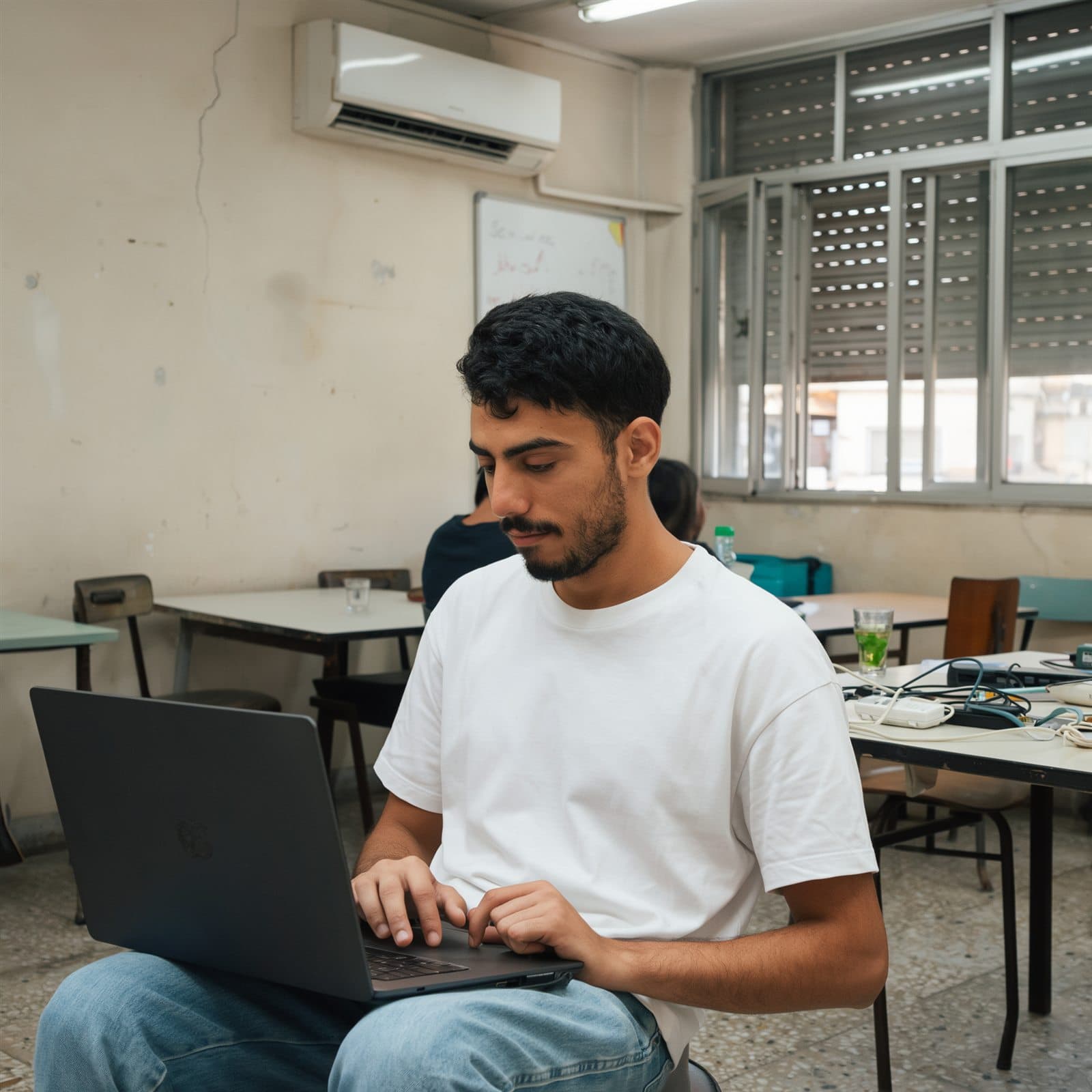 Dhia working on his laptop in a classroom
